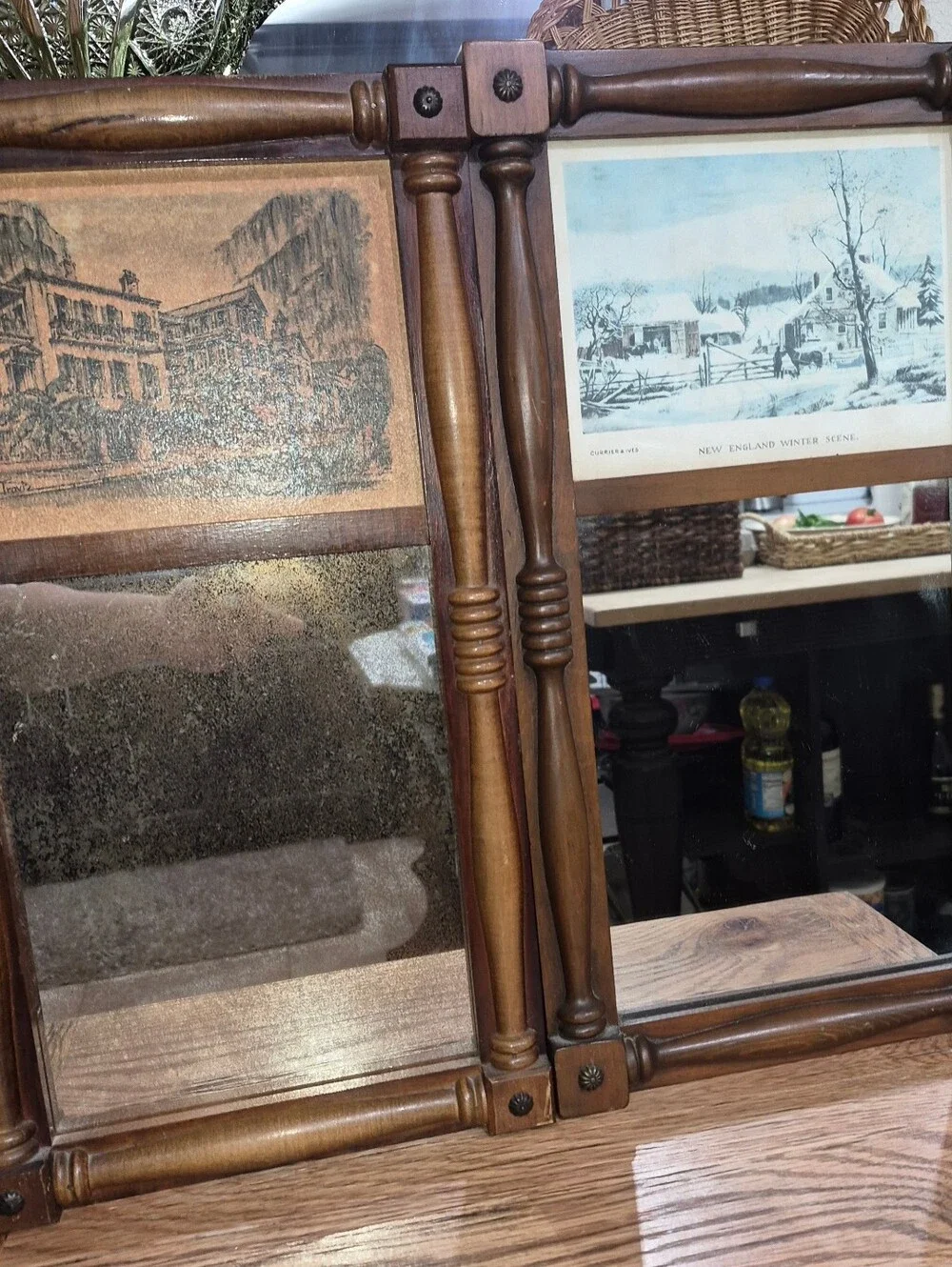 2 Vintage mid-century double-panel wall mirrors W/ turned wood spindle frame